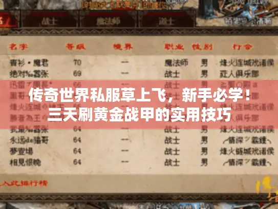传奇世界私服草上飞，新手必学！三天刷黄金战甲的实用技巧